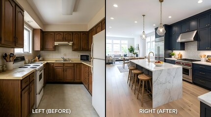 Obraz premium Kitchen Renovation Before and After: Modern Dark Blue Cabinets and Island