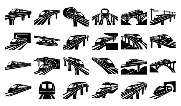 High Speed Maglev Train Silhouette Set with Elevated Monorail Future Transit Vector Collection Design Bundle