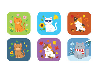 Fototapeta premium Cute cartoon cats in colorful square frames with playful expressions and vibrant backgrounds for children’s designs
