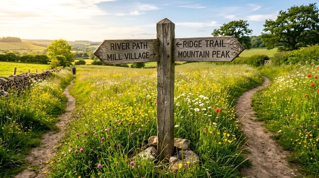 Countryside trail split: river path, mill village, ridge trail, mountain peak