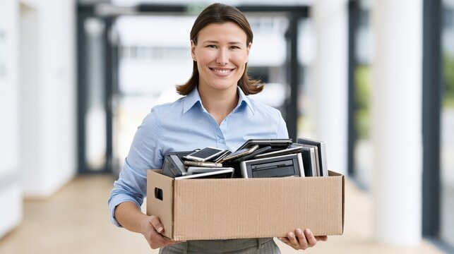 Woman holding a cardboard box full of old electronics and computers for recycling