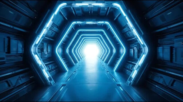Futuristic Sci-Fi Hexagonal Tunnel with Blue Neon Lights Leading to Bright Portal