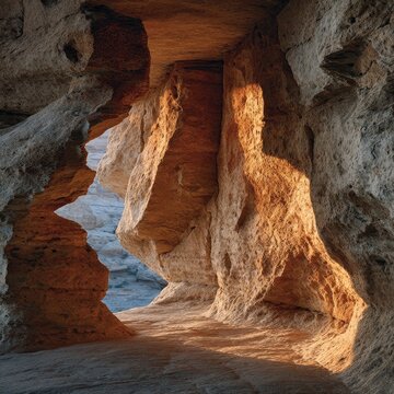 Deep stone cave with dramatic light and shadows