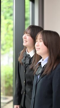 窓の外を見つめる日本人女子高校生複数 将来・進路・希望などの青春や学校イメージのクローズアップの縦動画