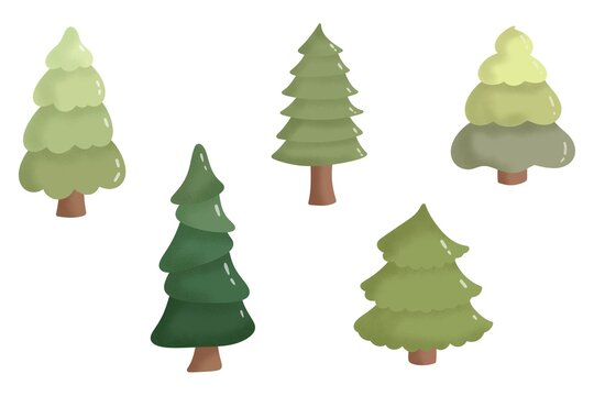 Cute Christmas pine trees digital illustration set isolated on white