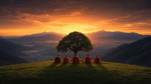 Buddhist monks meditating under a tree at sunrise in mountain landscape