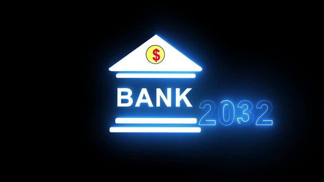 Neon light effect animation of a bank and the year 2032 ,Business representing real estate growth and market innovation bank icon, House loan ,risk management, Insurance and economic recession .