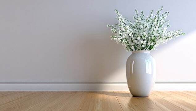 Delicate green branches with white buds in a vase.
