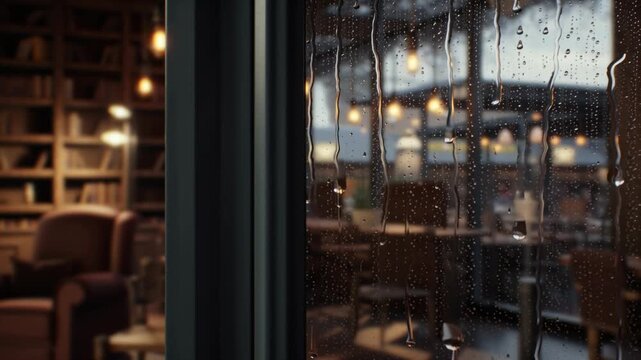 Raindrops streaming down a glass window pane with cozy blurred cafe interior and warm light as background. Moody rainy day view through a window showing warm bokeh lights of a coffee shop interior.