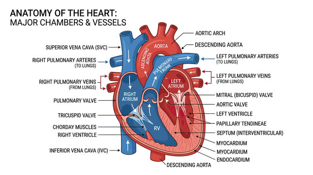 Anatomy of the Human Heart: Major Chambers and Vessels Diagram