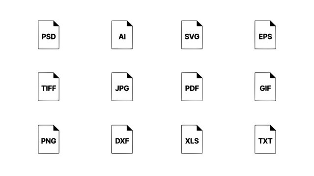 File Icons Representing Different Formats Arranged in a Grid Featuring Psd, Ai, Svg, Eps, Tiff, Jpg, Pdf, Gif, Png, Dxf, Xls