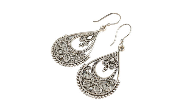 Pair of elegant silver dangle earrings oriental tribal fashion jewelry isolated on transparent background cut out Png
