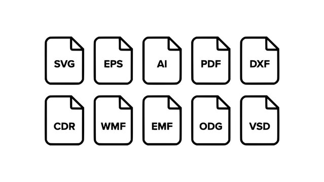 File Icons Representing Various Vector File Formats Arranged in Two Rows Featuring Svg, Eps, Ai, Pdf, Dxf, Cdr, Wmf, Emf, Odg