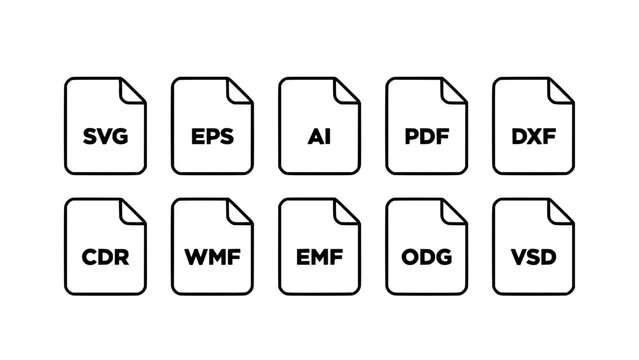 File Icons Representing Various Vector Formats Arranged in Two Rows Featuring Svg, Eps, Ai, Pdf, Dxf, Cdr, Wmf, Emf, Odg, and Vsd