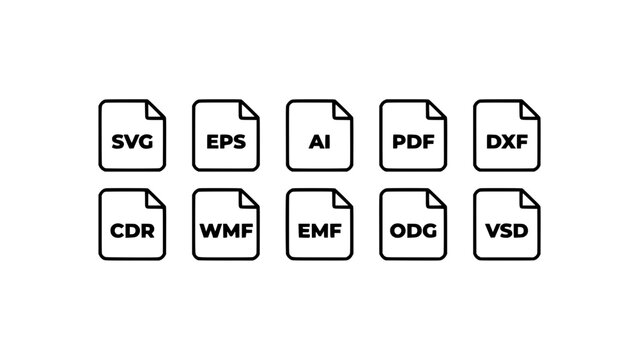 File Icons Representing Various Vector Graphic Formats Arranged in Two Rows Featuring Svg, Eps, Ai, Pdf, Dxf, Cdr, Wmf, Emf, Odg
