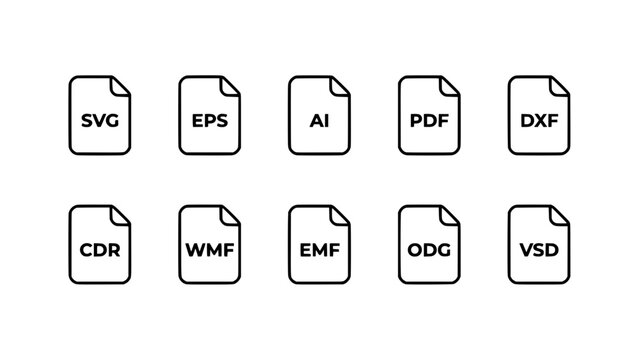 File Icons Representing Various Vector Graphic File Formats Arranged in Two Rows Featuring Svg, Eps, Ai, and Pdf