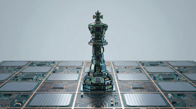 Semiconductor chip shortages on circuit board with king piece, concept of supply chain pressure and technology risk