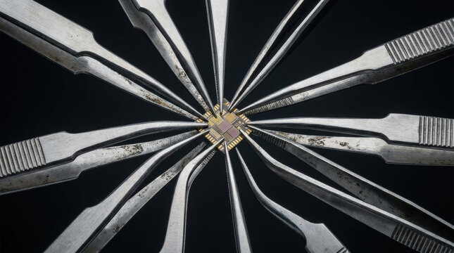 Semiconductor chip shortages concept with metal tweezers surrounding microchip on dark background