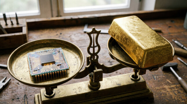 Semiconductor chip shortages on brass scale in workshop, symbol of value and supply issue