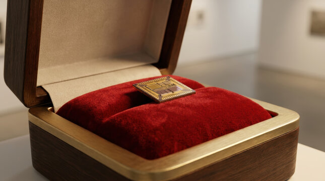 Semiconductor chip shortages on red luxury box display, close up of microchip display with golden edge and soft light