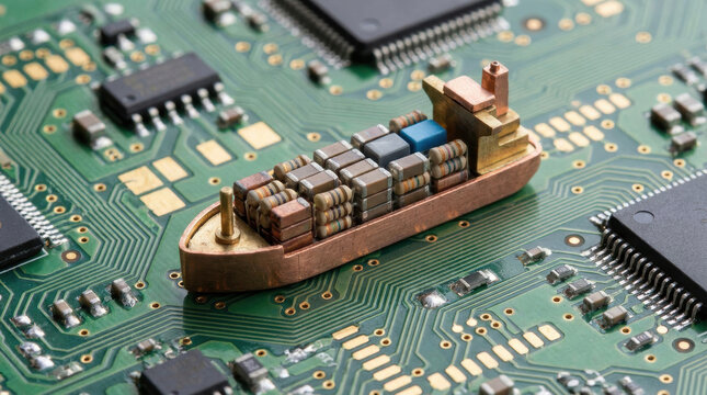 Semiconductor chip shortages on circuit board with cargo ship model symbolizing supply chain delay and electronics demand