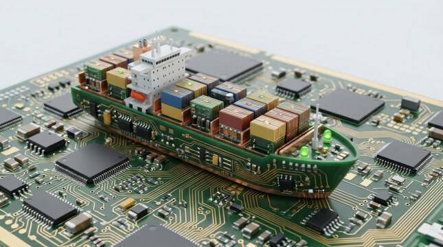 Semiconductor chip shortages on circuit board with cargo ship model and stacked cargo containers