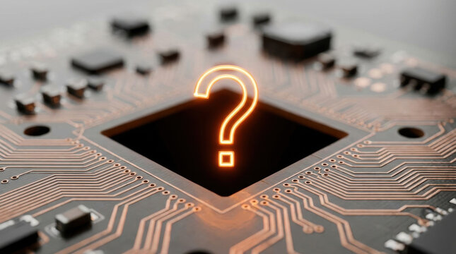Semiconductor chip shortages question mark in microchip circuit board technology concept
