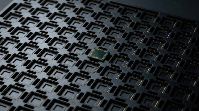 Semiconductor chip shortages in dark tray with one chip, manufacturing supply issue