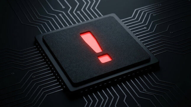 Semiconductor chip shortages warning on dark circuit board with glowing alert sign