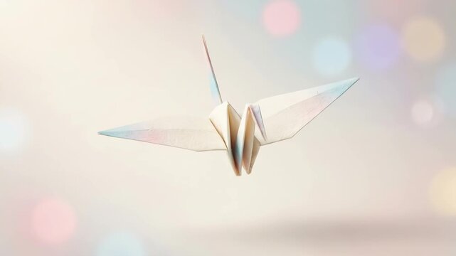 Floating origami crane rotating against a soft bokeh background. Traditional Japanese paper bird craft. 3D animation concept