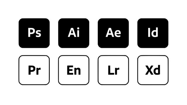 Icons with Text Ps, Ai, Ae, Id, Pr, En, Lr, Xd in Black and White Featuring Ps, Ai, Ae with Id and Pr Elements for En, Lr