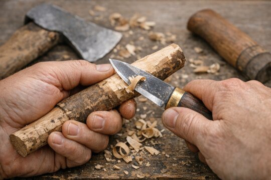 A person holding a knife and a piece of wood, possibly preparing for survival or self-defense