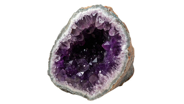 Purple amethyst crystal geode cluster mineral isolated on transparent background for design