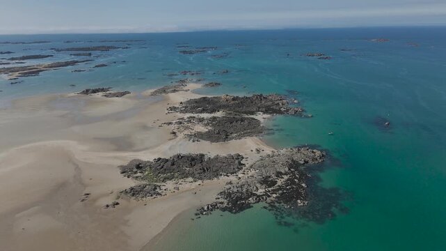 Aerial view of the wild Chausey archipelago and its rocks, Normandy, France