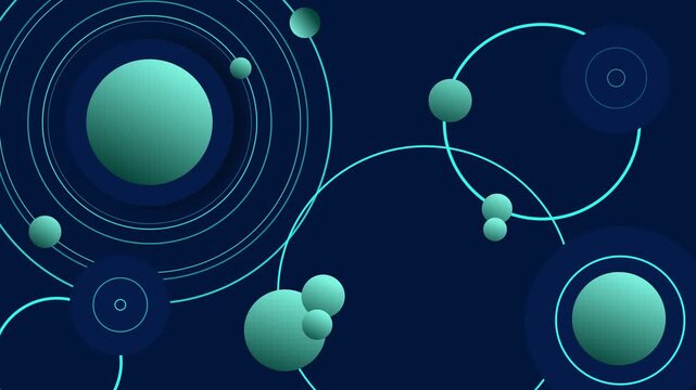 Abstract dark background circular planets and orbit rings minimalist geometric space-themed composition animation