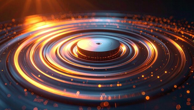 Vibrant orange and blue neon light trails ripple across a spinning metallic vinyl disk with golden bokeh particles, evoking an energetic, futuristic music rhythm. No people.