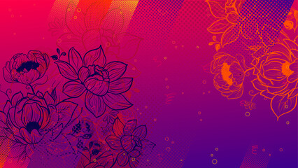 Line art peonies and flowers on red and purple gradient background © KR Studio