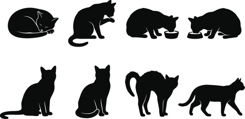 Cat behavior silhouette icon set featuring resting, grooming, eating, and expressive feline poses © Rubina