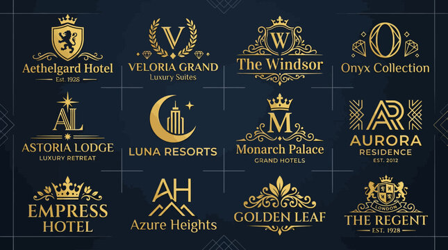 Collection of golden luxury hotel and resort logos.
