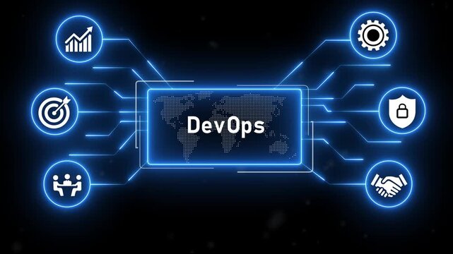DevOps technology concept.blue neon Digital technology background.4k animation video.
