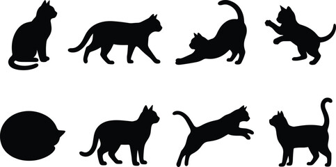 Obraz premium Cat silhouette icon set featuring dynamic feline poses and expressive movement