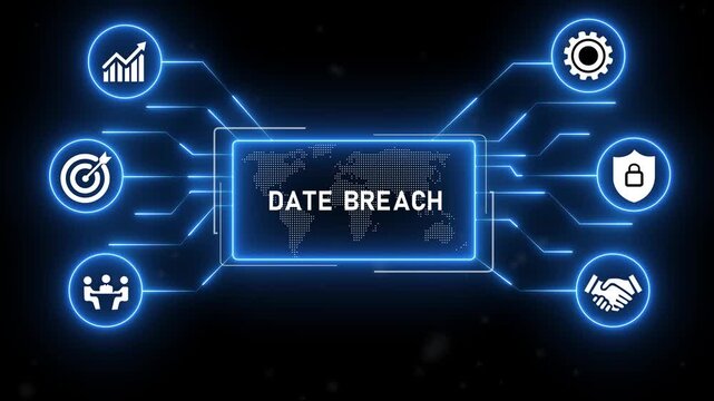 Data Breach concept and Most Common Causes vector icons set infographic background.Blue Neon Digital Technology Background.4k animation video.