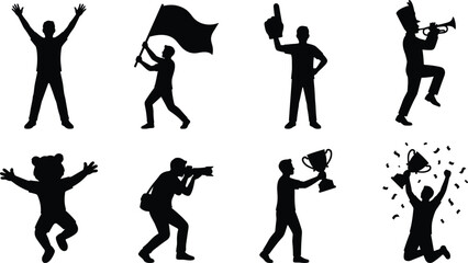 Celebration and event silhouette icon set featuring cheering, performing, and award‑winning poses © Rubina