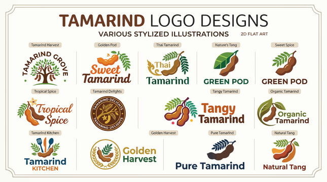 Various stylized tamarind fruit logo design templates.