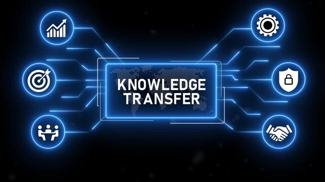 Knowledge Transfer concept, benefits.blue neon digital technology background.4k animation video.