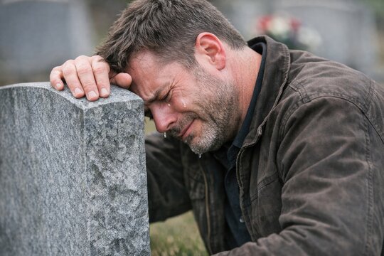 A man bends down to pay respects at a cemetery memorial, perhaps reflecting on lost loved ones