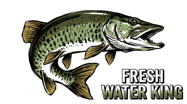 Fresh water king pike illustration. Muskie fishing t shirt design. Predatory fish artwork.