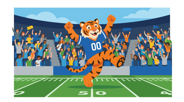 Tiger mascot dancing on football field during stadium game.
