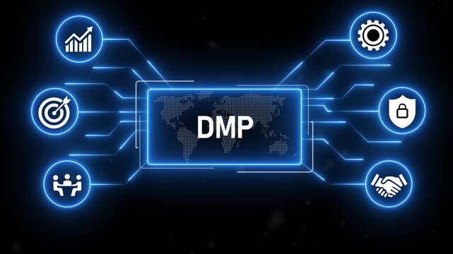DMP (Data Management Platform) concept. Software used for collecting and managing data.blue neon digital technology background.4k animation video.