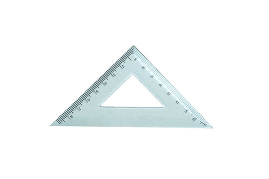 Semi-transparent plastic triangle ruler with metric measurements isolated on a solid black background. Stationery tool for geometry, drawing, and school